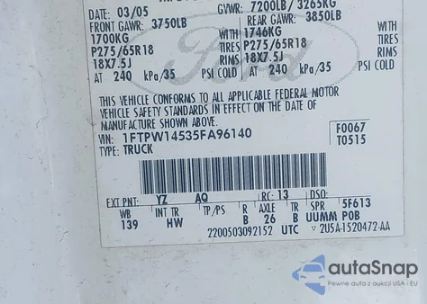 2005 Ford F-150 Fx4/Lariat/Xlt from USA, damaged, VIN 1FTPW14535FA96140